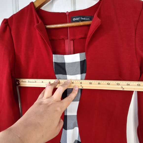 NWT Oxiuli Fashion Red Black Colorblock Checkered Long Sleeve Bodycon Dress Sz M - Picture 9 of 13